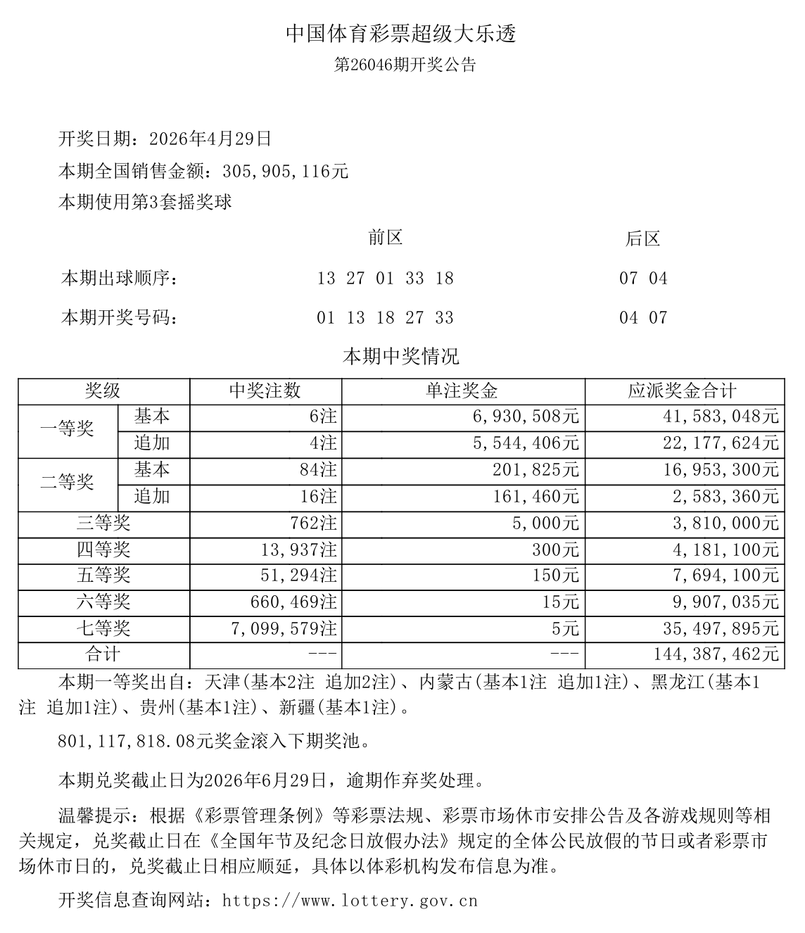 大乐透第26046期开奖公告