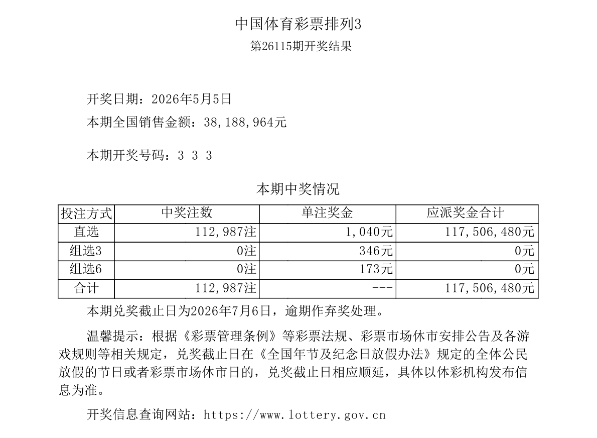 排列3第26115期开奖公告