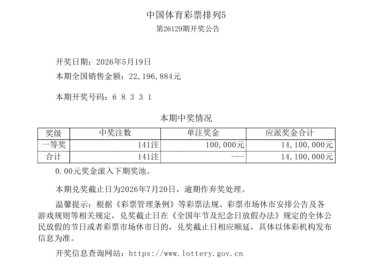 排列5第26129期开奖公告
