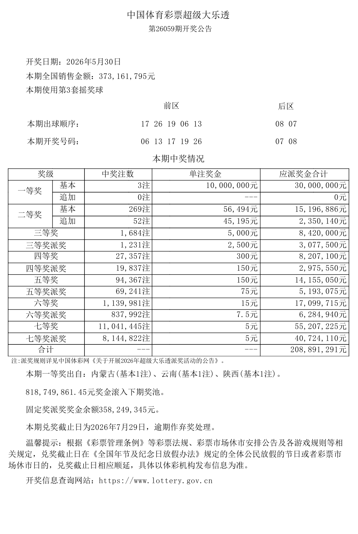 大乐透第26059期开奖公告