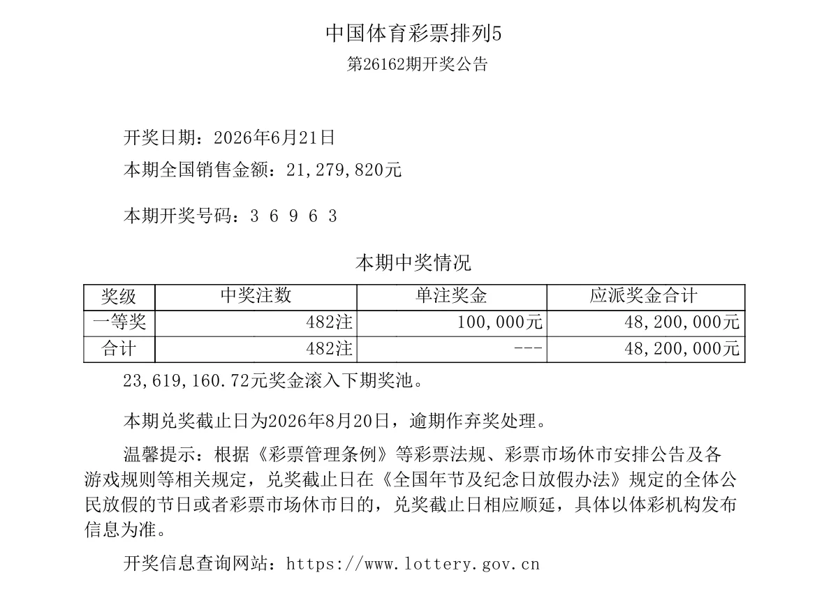 排列5第26162期开奖公告