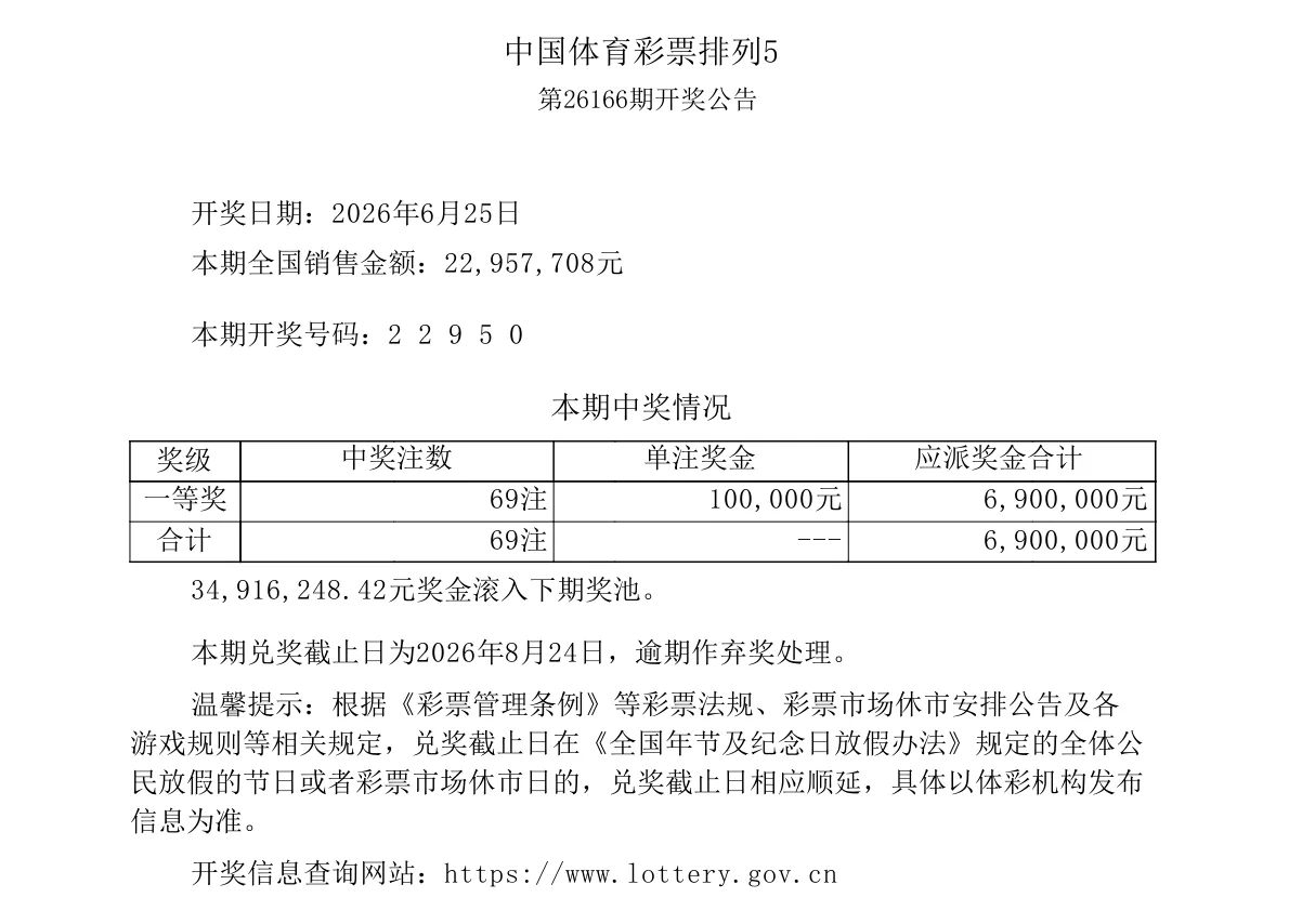 排列5第26166期开奖公告