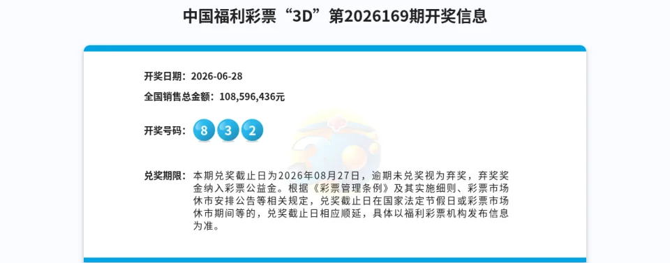 福彩3D第2026169期开奖公告