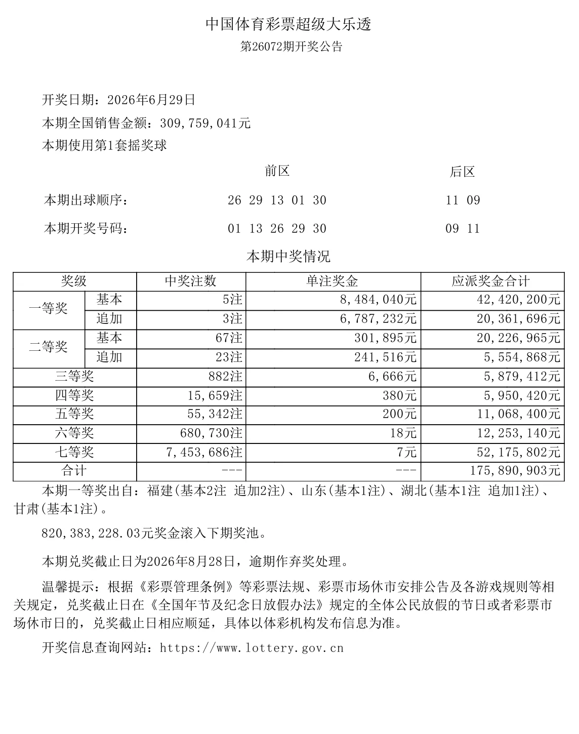 大乐透第26072期开奖公告